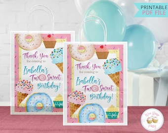 Two Sweet Birthday Custom Gift Tags, 2 Year Old Birthday Party Favor Bags Thank You Stickers, Printable Girl Donut Ice Cream Decorations-PDF