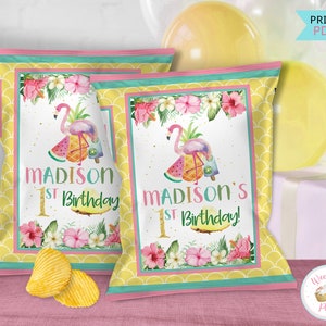 Luau Flamingo Tropical Party Custom Chip Bags, Hawaiian Pineapple Party Printable Birthday Chip Bag Labels, Do It Yourself Birthday Decor