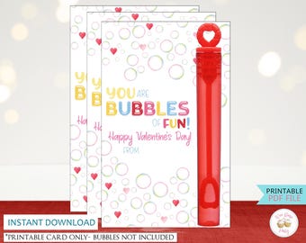 Classroom Valentines Bubble Favors Printable Gift Tags, Easy Class Valentines Party Mini Bubbles Wands Printable Cards, DIY Valentines Day