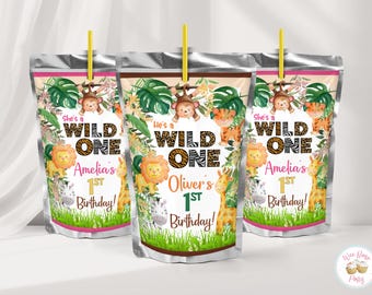 Etiqueta para bolsitas de jugo de cumpleaños "Wild One", bolsitas para bebidas de decoración para fiestas "Wild One", decoraciones y recuerdos para fiestas de cumpleaños "Wild One" con temática de safari - PDF