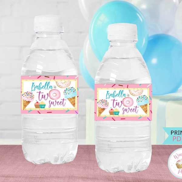 Two Sweet Birthday Water Bottle Labels, 2 Year Old Birthday Printable Water Bottle Stickers, Girl Ice Cream Donut Party Favors & Decorations