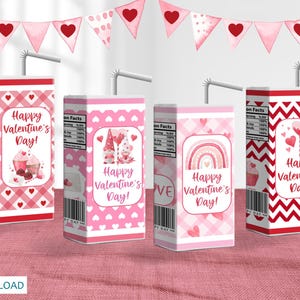 May include: Four Valentine's Day-themed juice boxes with attached straws. Each box features a different design, including hearts, gnomes, a rainbow, and a cupcake. The text "Happy Valentine's Day!" is displayed on each box. A banner of hearts hangs above.