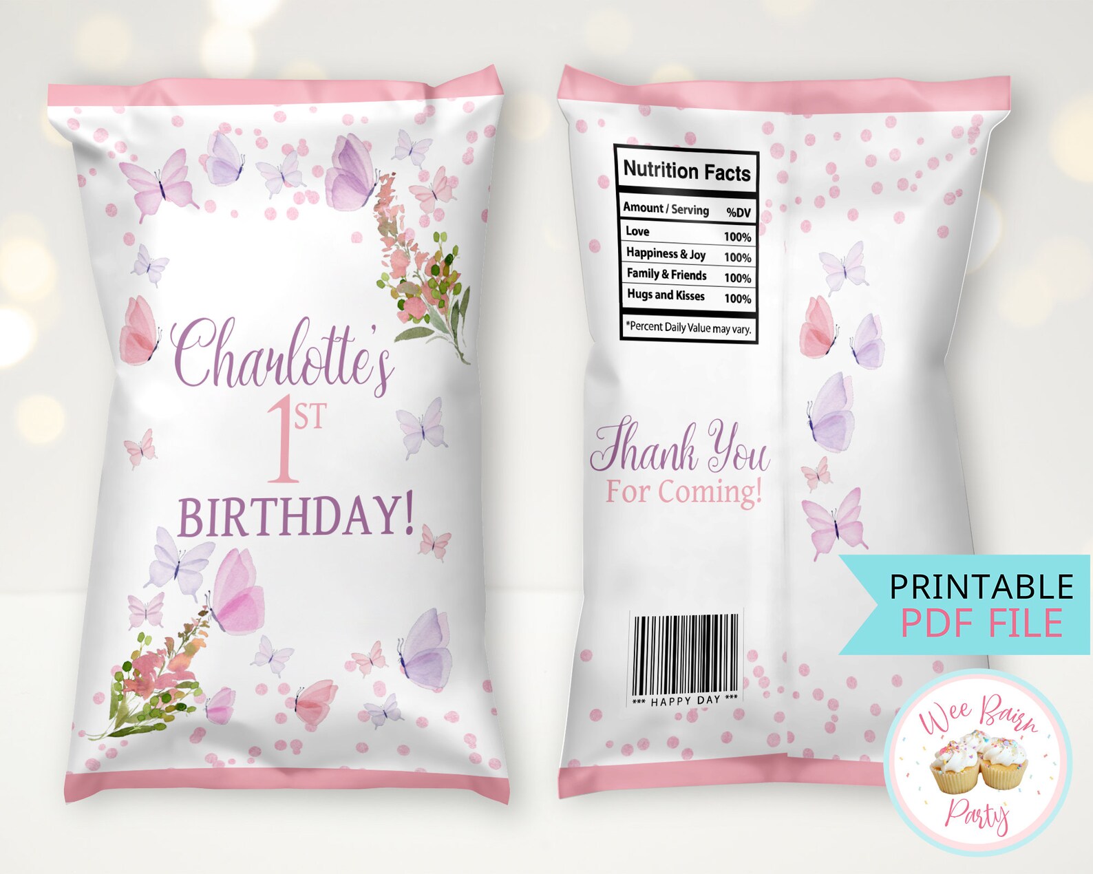 Butterfly Chip Bags Butterflies 1st Birthday Girl Custom Chip Etsy