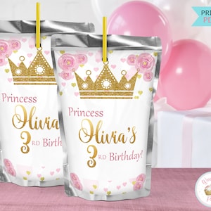 Princess Birthday Party Drink Pouches Labels, Pink and Gold Princess Party Juice Labels, Printable Princess Party Decorations -  .PDF