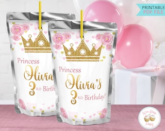 Princess Birthday Party Drink Pouches Labels, Pink and Gold Princess Party Juice Labels, Printable Princess Party Decorations -  .PDF