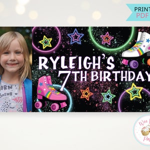 Roller Skating Party Birthday Banner, Roller Skate Retro 80&#39;s Birthday Party Banner, Groovy Neon Disco Skate Party Backdrop - Printable PDF