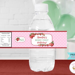 Berry First Birthday Water Bottle Labels, Berry 1st Birthday Girl Water Bottle Stickers, Printable Strawberry Birthday Decor Favors - PDF