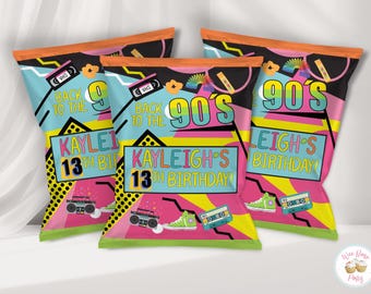90er Geburtstagsfeier benutzerdefinierte Chiptüten, Zurück in die 90er Jahre Themenparty Chipbeuteletiketten, druckbare 90er Geburtstagsgeschenke & Dekorationen - PDF