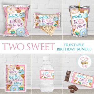 May include: Printable birthday party decorations with a pink and blue color scheme. The decorations feature a donut, cupcake, and ice cream cone design with the text "Isabella is two sweet".