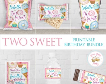 Two Sweet Birthday Party Favor Bundle, 2 Year Old Birthday Girl Printable Package, Ice Cream Donut Second Birthday Custom Decorations - PDF
