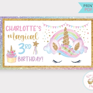 Unicorn Banner, Unicorn Birthday Banner Custom Name Sign, Rainbow Unicorn Decorations Girl 3rd 4th 5th Birthday Printable Party Backdrop