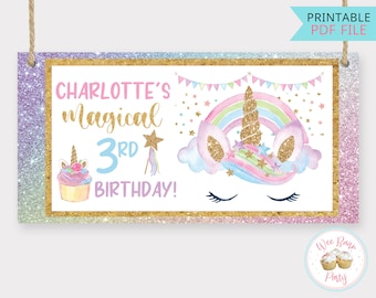 Unicorn Banner, Unicorn Birthday Banner Custom Name Sign, Rainbow Unicorn Decorations Girl 3rd 4th 5th Birthday Printable Party Backdrop