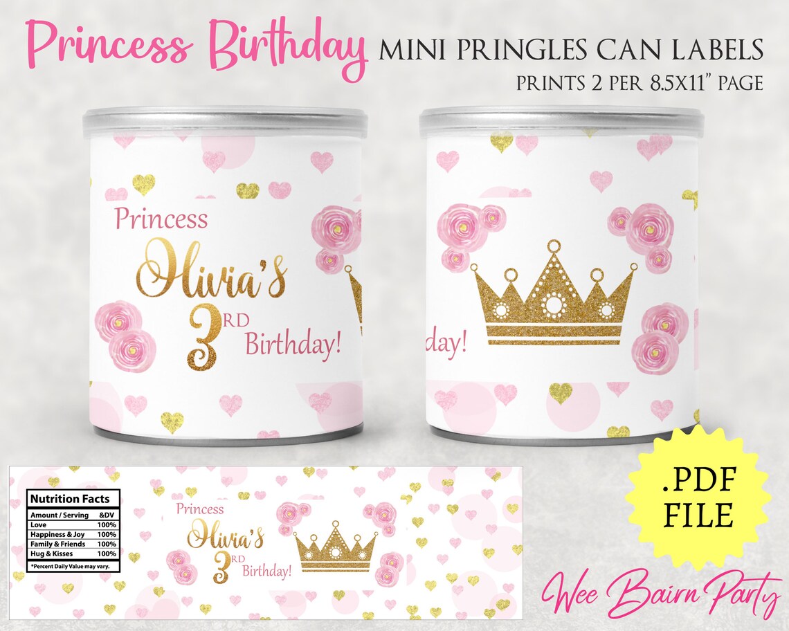 Princess Birthday Party Pringles Printable Labels Pink | Etsy
