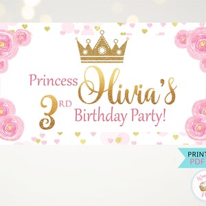 Pink Princess Birthday Banner Custom Name Sign, Printable Princess Party Backdrop Wall Hanging, Personalized Welcome Birthday Sign - .PDF