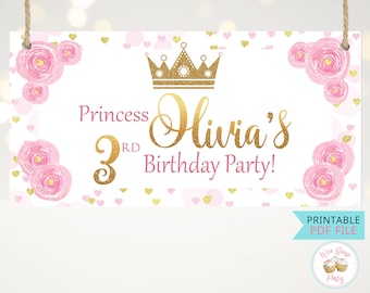 Pink Princess Birthday Banner Custom Name Sign, Printable Princess Party Backdrop Wall Hanging, Personalized Welcome Birthday Sign - .PDF