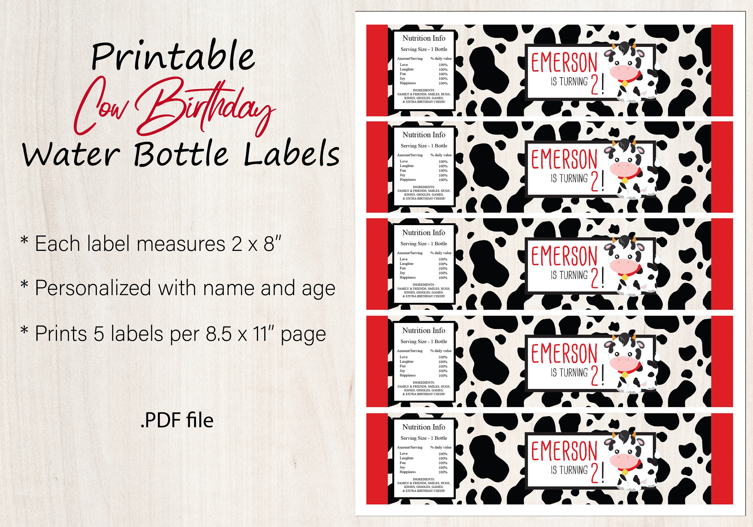 Cow Birthday Water Bottle Labels Printable Farm Animal Etsy