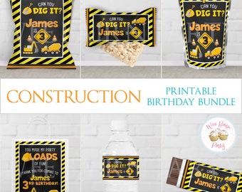 Construction Birthday Party Decorations, Construction Birthday Party Favors, Printable 3 Year Old Construction Truck Theme Custom Labels PDF