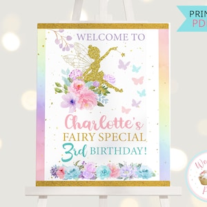 Letrero de bienvenida para fiesta de cumpleaños de hadas de las flores, letrero personalizado imprimible para el primer cumpleaños de las hadas, decoraciones para fiesta de jardín de hadas del bosque para niñas