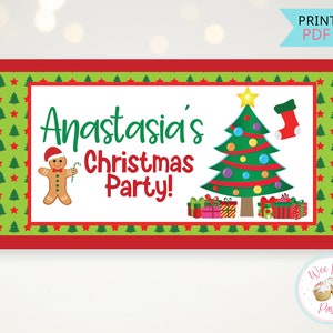 クリスマス パーティー バナー、パーソナライズされたクリスマス バースデーまたはホリデー バナー、印刷可能なカスタム名入りクリスマス ツリー背景デコレーション - PDF