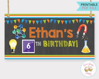 Science Party Backdrop, Chemistry Birthday Banner Printable, Personalized Custom Name Mad Scientist Science Birthday Party Decorations - PDF