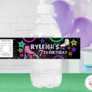 Roller Skating Party Water Bottle Labels, Roller Skate Retro 80's Birthday Custom Water Bottle Stickers, Groovy Neon Disco Skate Party Decor