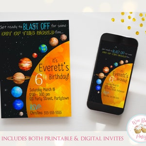 Invitación de cumpleaños sobre planetas y el espacio, invitación para fiesta del espacio exterior, suministros para fiestas de ciencia del sistema solar imprimibles