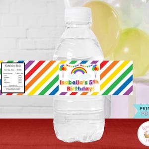 Rainbow Party Favors Water Bottle Labels, Rainbow Balloons Birthday Water Stickers, Printable Rainbow Stripe 1st 5th 6th 10th Party Decor