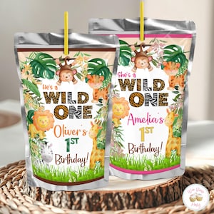 Wild One Birthday Juice Pouch Label, Wild One Party Decor Drink Pouches, Safari Wild One Birthday Party Decorations & Party Favors- PDF