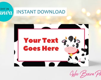 Cow Print Birthday Editable Place Card Template, Farm Birthday Table Name Place Cards, Printable Cowgirl Birthday Food Tent Cards - DOWNLOAD