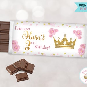 Pink Princess Birthday Party Candy Bar Wrappers, Princess Crown Chocolate Bar Printable Labels, Custom Princess Party Decor - .PDF File