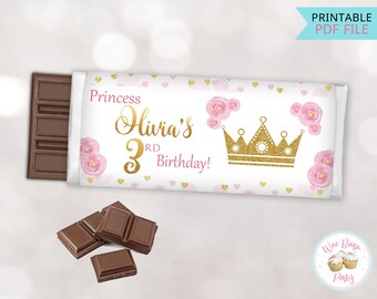 Pink Princess Birthday Party Candy Bar Wrappers, Princess Crown Chocolate Bar Printable Labels, Custom Princess Party Decor - .PDF File