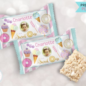 Sweet One Birthday Rice Krispy Treats Custom Labels, Baby 1st Birthday Girl Ice Cream Donut Party Favors, 1 Year Old Birthday Decorations
