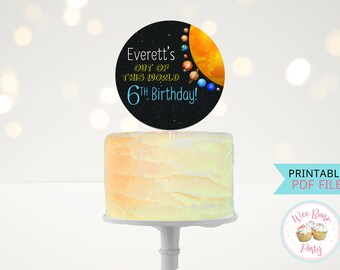 Space Birthday Party Cake Topper, Solar System Space Cake Topper, Custom Name Astronaut Planets Printable Birthday Decorations - .PDF FILE