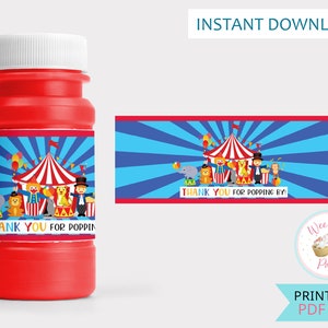 Circus Carnival Theme Party Bubble Labels, Mini Zoo Animal Birthday Bubble Stickers, Printable Party Favors For Kids  - INSTANT DOWNLOAD