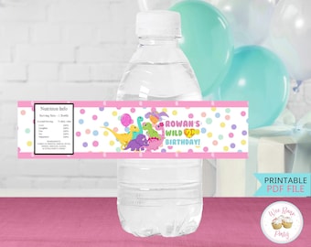 Dinosaur Girl Birthday Water Bottle Labels, 1st Birthday Girl Pink Dinosaur Party Favors, Custom Printable Girl Dinosaur Party Decorations