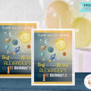 First Trip Around The Sun Custom Gift Tags, One Year Space Theme Birthday Thank You Stickers, 1st Birthday Boy Outer Space Party Favors- PDF