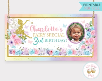Woodland Fairy Party Birthday Banner, Flower Fairy Party Custom Photo Banner, Personalized Garden Fairy Theme Birthday Decorations Sign -PDF