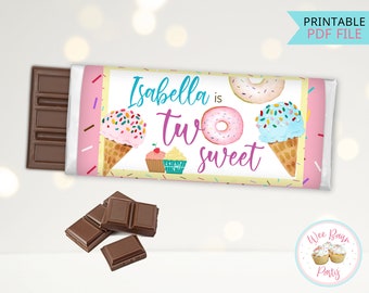 Two Sweet Birthday Candy Bar Wrappers, 2 Year Old Birthday Chocolate Bar Birthday Printable, Donut Ice Cream Decorations & Party Favors- PDF