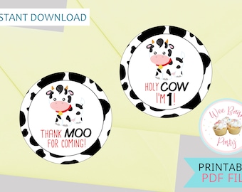 Cow Birthday Party Printable Thank You Stickers, Cow Print Birthday Stickers for Party Favor Bags, Printable Cow Birthday Decorations- PDF