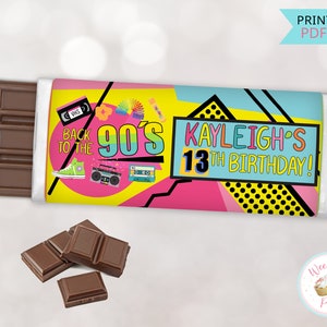 Envoltorios para dulces de cumpleaños de los 90, etiquetas para dulces de chocolate para fiestas temáticas de los 90, recuerdos y decoraciones imprimibles para fiestas de los 90 (PDF)