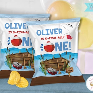 Ofishally One First Birthday Chip Taschen, O Fishally One Party Favors 1. Geburtstag Junge, druckbare benutzerdefinierte Angeln Geburtstagsdekorationen - PDF