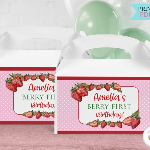 Berry First Birthday Gable Box Label, Berry 1st Birthday Decorations Party Favor Box Custom Labels, 1st Birthday Girl Strawberry Decor - PDF