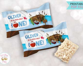 Ofishally One Rice Crispy Treats Labels, O Fishally One Party Favors 1st Birthday Boy, Printable Fishing First Birthday Decorations - PDF