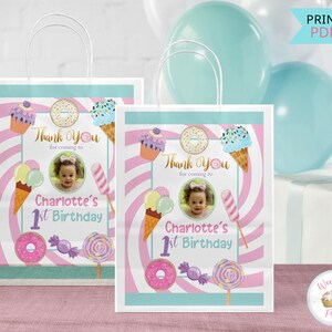 Sweet One verjaardag aangepaste cadeaukaartjes, baby 1e verjaardag meisje ijs donut partij bedankt stickers, 1-jarige verjaardagsversieringen - pdf