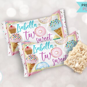 May include: Printable favor bags with a pink and blue donut, cupcake, and ice cream cone design. The bags say "Isabella is two sweet".
