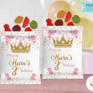 Princess Birthday Fruit Snacks Party Favor Bags, Gummy Candy Bag Birthday Decorations, Pink and Gold Printable Princess Party Decor - PDF