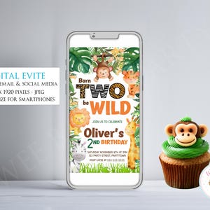 Zaproszenie na urodziny „Dwa dzikie” dla chłopca lub dziewczynki na drugie urodziny, zaproszenie na imprezę „Zwierzę z Safari Jungle Zoo” dla dwojga, bądź dziki do wydrukowania zdjęcie 3
