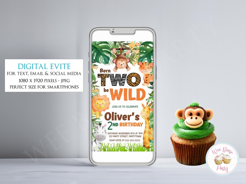 Zaproszenie na urodziny „Dwa dzikie” dla chłopca lub dziewczynki na drugie urodziny, zaproszenie na imprezę „Zwierzę z Safari Jungle Zoo” dla dwojga, bądź dziki do wydrukowania zdjęcie 3