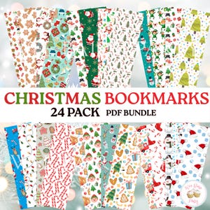 Puede incluir: Una colección de marcadores con temática navideña con varios patrones festivos. Los diseños incluyen hombres de jengibre, muñecos de nieve, árboles de Navidad y Papá Noel. El texto "CHRISTMAS BOOKMARKS 24 PACK PDF BUNDLE" se muestra en verde y rojo.