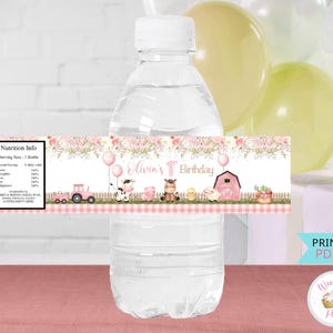 Pink Barnyard Birthday Water Bottle Labels, Pink Farm Party Water Bottle Stickers, Printable Farm 1st Birthday Girl Custom Decorations - PDF